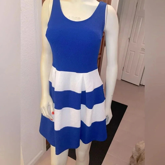 NORDSTROMS SOPRANO BLUE AND WHITE FIT AND FLARE PLEATED SLEEVELESS DRESS SIZE M - Picture 1 of 12